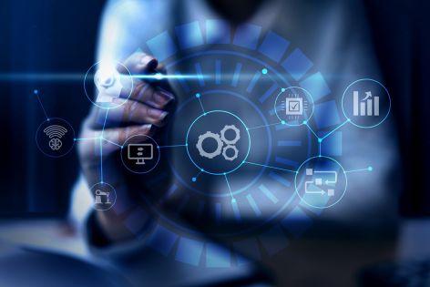 Digital innovation symbols with hand behind